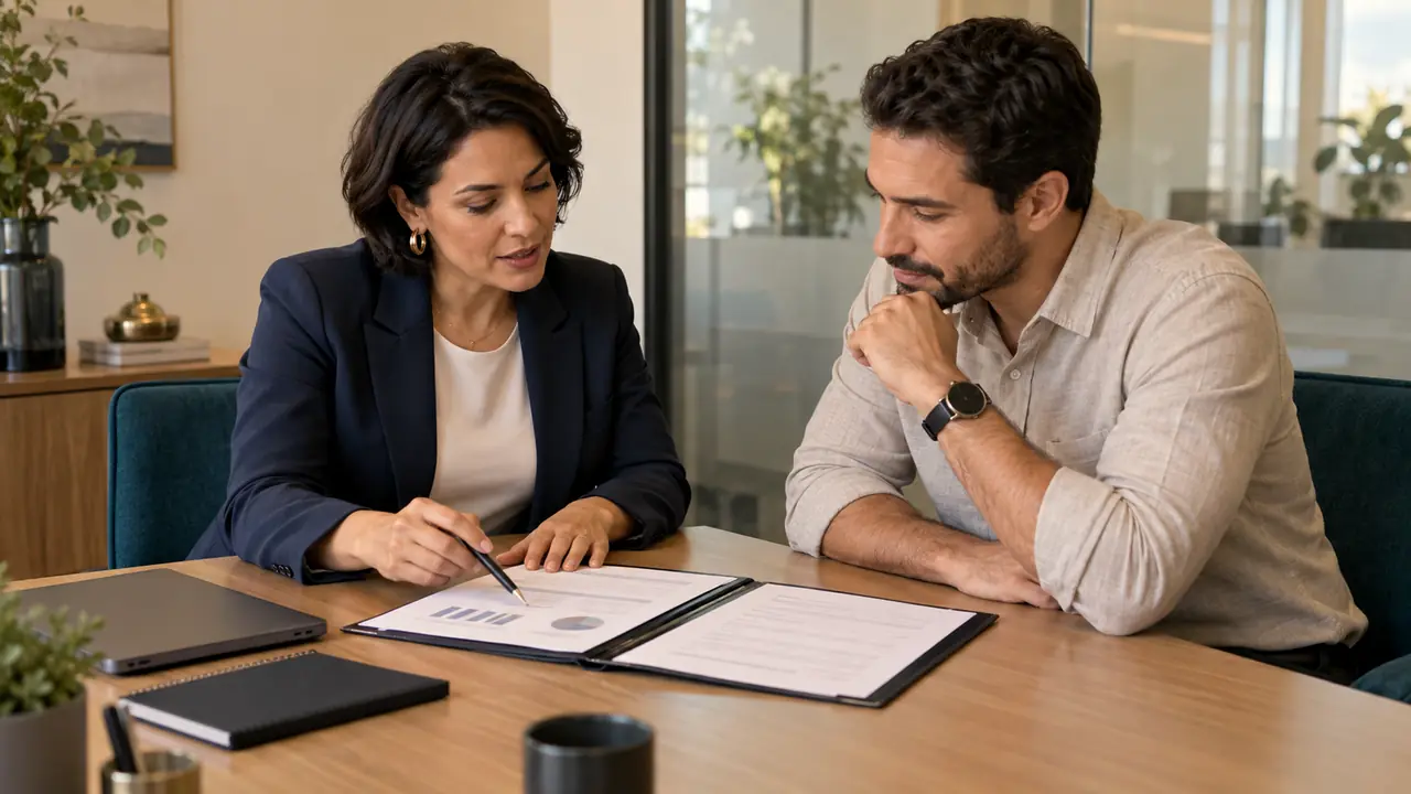 Duas pessoas conversando sobre documentos em uma mesa de reunião