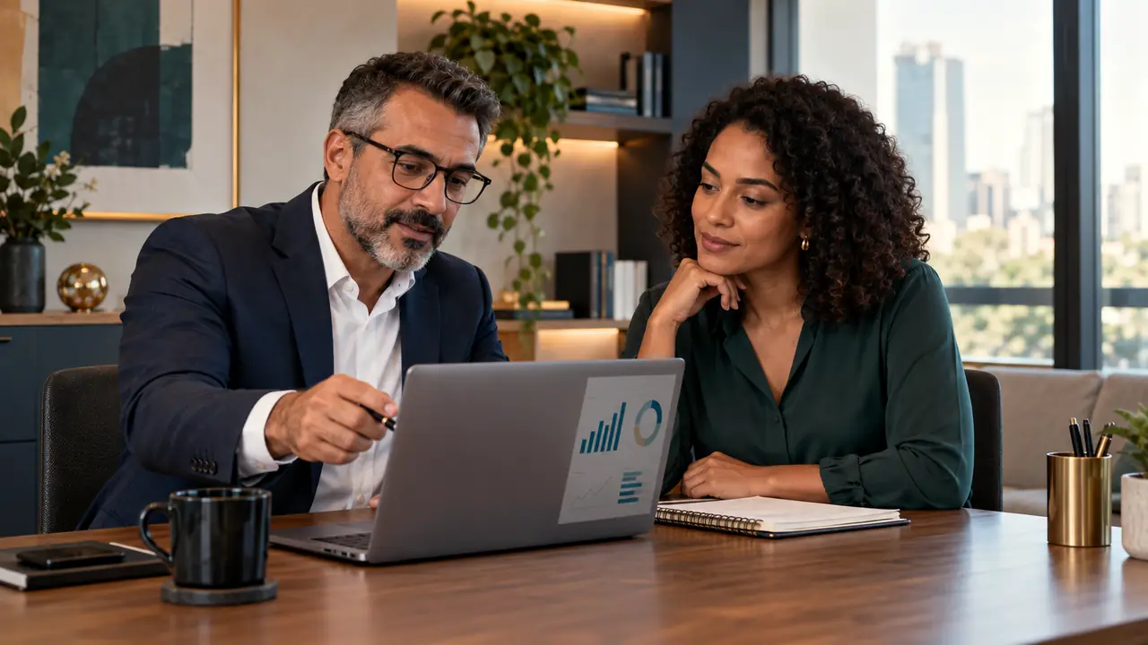 Dois profissionais analisando indicadores na tela de um laptop