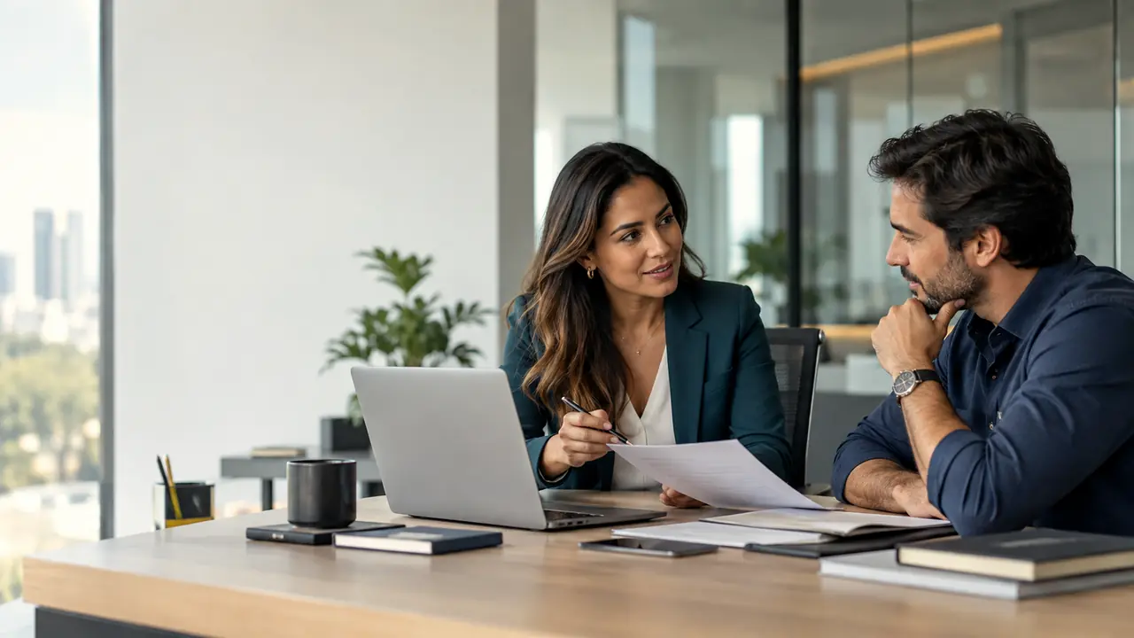 Empresária e cliente conversando sobre os números da empresa em um escritório