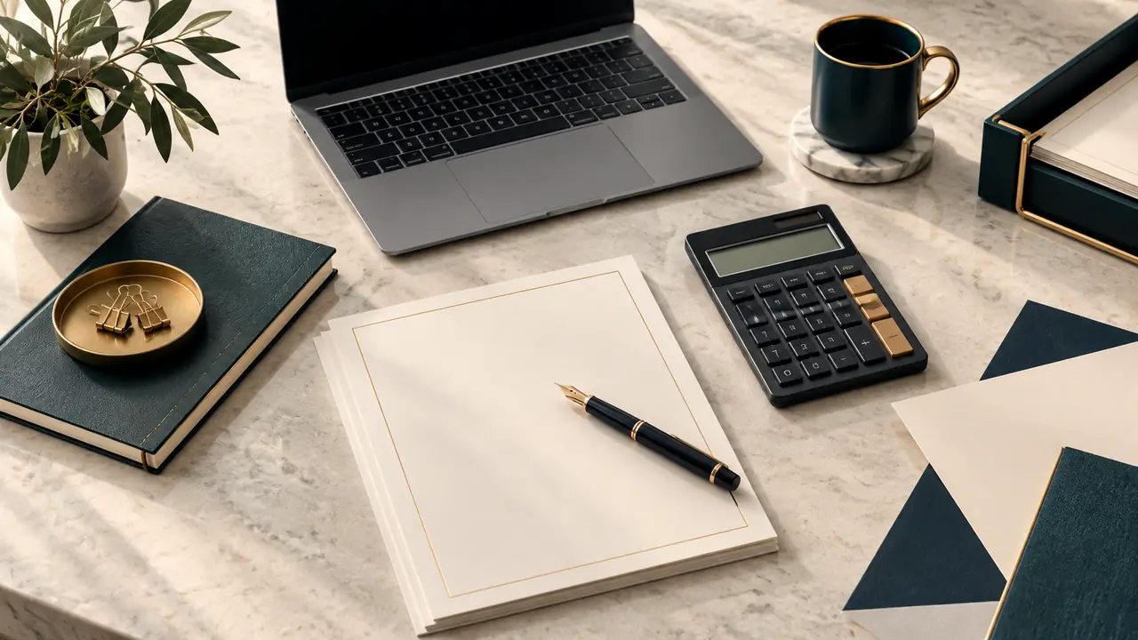 Mesa de trabalho com laptop, calculadora e documentos organizados